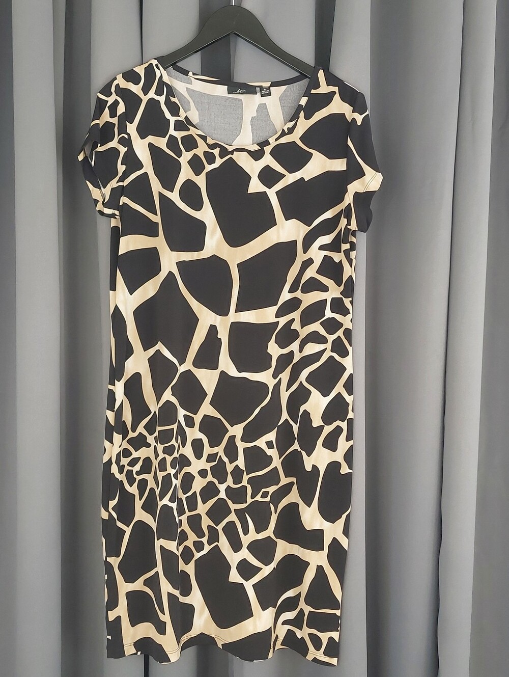 Nina Leonard Brown Cream Giraffe Animal Print Short Sleeve Shift Dress XL